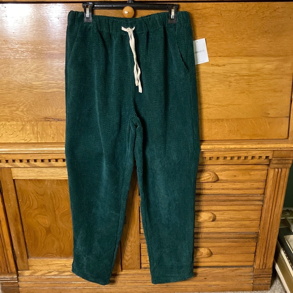 Forever 21 Retro Cozycore Womens Forest Green Corduroy Drawstring Pants NEW L/G